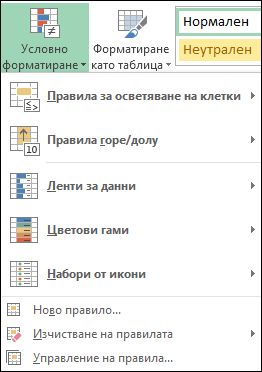 Менюто "Условно форматиране" с осветено "Управление на правила"