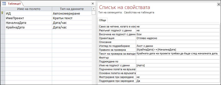 Правило за проверка на таблица в конструктора на таблици на Access.