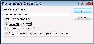 Поставяне на таблицата като