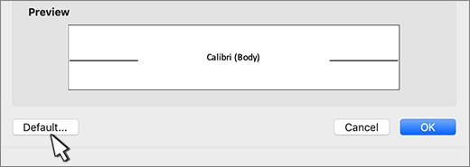 В диалоговия прозорец Шрифт опцията По подразбиране е осветена.