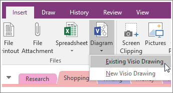 Екранна снимка на бутона за вмъкване на диаграма в OneNote 2016.