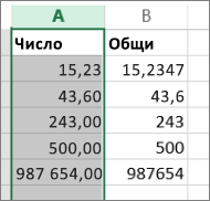 пример как числата се показват с различни формати, като форматите "Общи" и "Число".