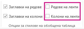 Полетата "Редове на ленти" и "Колони на ленти" в раздела "Проектиране"