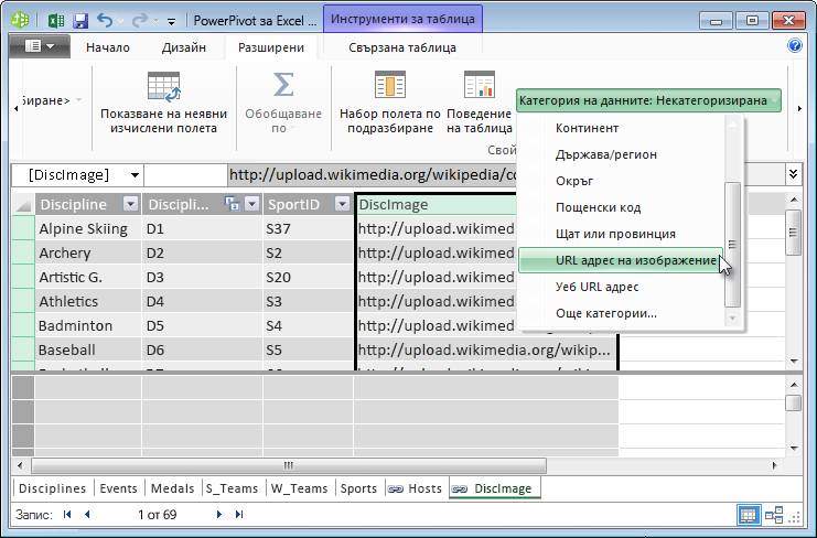 Задаване на категория на данните в Power Pivot