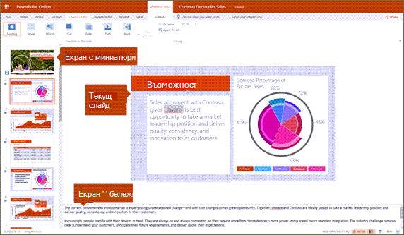 Изглед за редактиране в PowerPoint Online