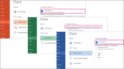 Страница "Споделяне" в Word, Excel и PowerPoint с осветен Skype за бизнеса