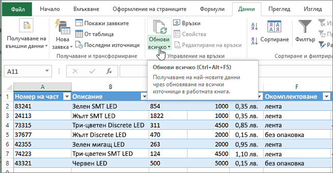 Електронна таблица на Excel с осветен импортиран списък и бутон "Обнови всички".