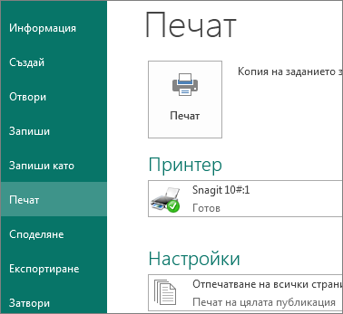 Екранна снимка на опциите на "Печат" в Publisher.
