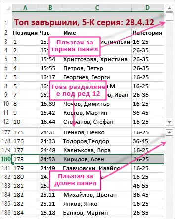 Използване на разделяне за преглед на две области от редове