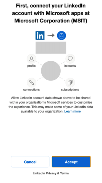 Изскачащ прозорец за свързване на вашия акаунт в LinkedIn с приложенията на Microsoft.