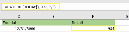 =DATEDIF(TODAY();D28;"y") и резултат: 984