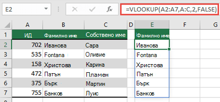 Използвайте =VLOOKUP(A2:A7;A:C;2;FALSE), за да върнете динамичен масив, който няма да доведе до #SPILL! грешка.