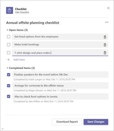 Резултати от контролен списък в Microsoft Teams