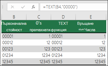 Примери за използване на функцията TEXT за форматиране на водещите нули.  =TEXT(A2;"00000")