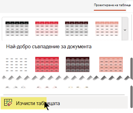 Премахване на стил на таблица с помощта на командата "Изчисти таблицата".