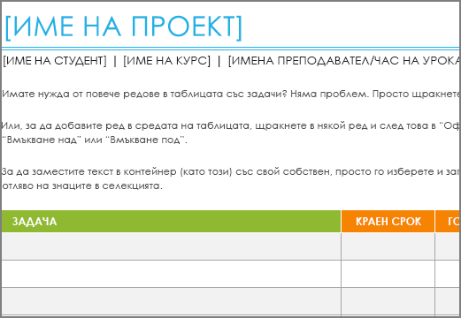 Стар шаблон за списък на задачите на Project с минимален шрифт 8,5 пункта.