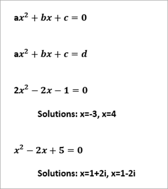 Списък с примерни четириъгълни уравнения прочита ax^2+bx+c=0, 2x^2-2x-1=0 solutions x=-3, x=4, x^2+2x+5=0 solutions x=1+2i, x=1-2i