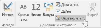 Екранна снимка на групата "Добавяне и изтриване" в раздела "Полета" на лентата.