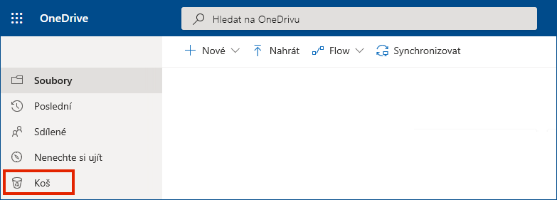 Zobrazení koše v levé nabídce v online verzi OneDrivu pro firmy