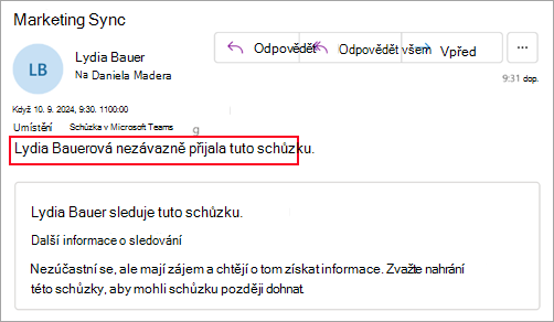 Snímek obrazovky pro organizátory, kteří nepoužívají nový Outlook a který ukazuje, že účastník nezávazně přijal schůzku