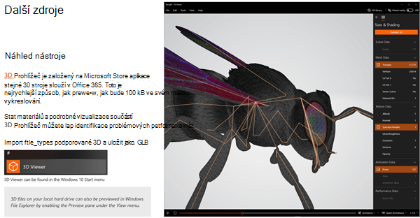 Snímek obrazovky s částí Další zdroje v pokynech pro 3D obsah