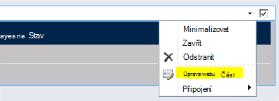 Příkaz Upravit webovou část v nabídce Webová část