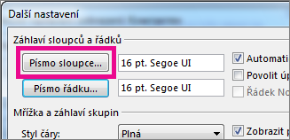 Klikněte na Písmo sloupce a potom vyberte požadované hodnoty.