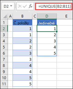 Příklad použití =UNIQUE(B2:B11) k vrácení jedinečného seznamu čísel