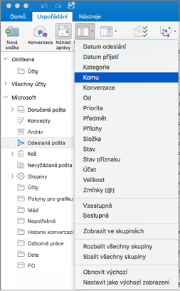 Poštu si můžete uspořádat různými způsoby – klikněte Uspořádání > Uspořádat podle > a vyberte si ze seznamu možností.