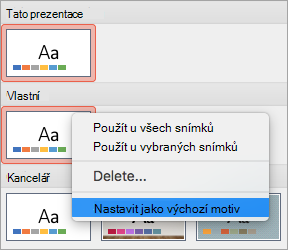 Zobrazuje možnost Nastavit jako výchozí motiv pro vlastní motiv.