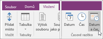 Snímek obrazovky s tlačítkem Datum a čas ve OneNotu 2016