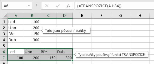 Původní buňky nahoře, buňky s funkcí TRANSPOZICE níže