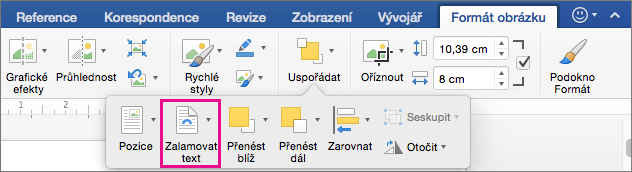 Kliknutím na Zalamovat text vyberte, jak se má text obtéci kolem obrázku nebo nakreslený objekt.