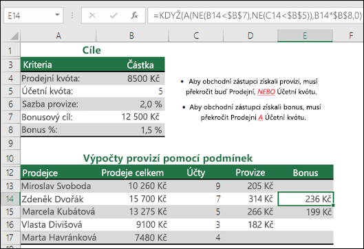 Příklad výpočtu odměny za prodej pomocí funkcí KDYŽ, A a NE.  Vzorec v buňce E14 je =KDYŽ(A(NE(B14<$B$7);NE(C14<$B$5));B14*$B$8;0)