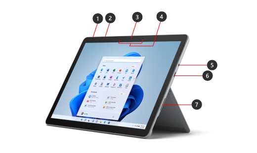 Surface Go 3 s identifikovanými hardwarovými funkcemi.