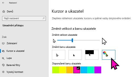 Změna velikosti a barvy ukazatele v Windows 10 Nastavení aplikaci