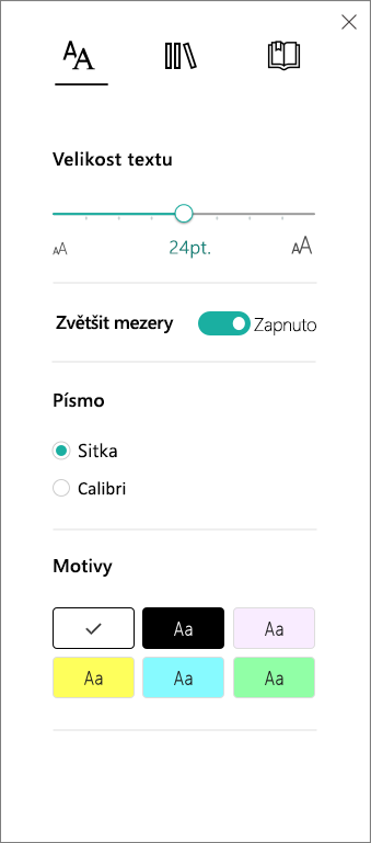 Nabídka Možnosti textu v Asistivní čtečce
