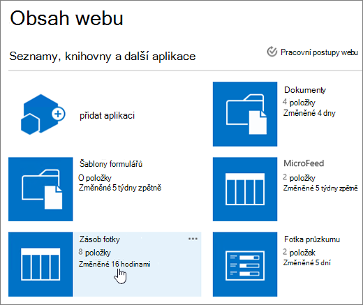 Stránka obsahu webu s vybraným seznamem