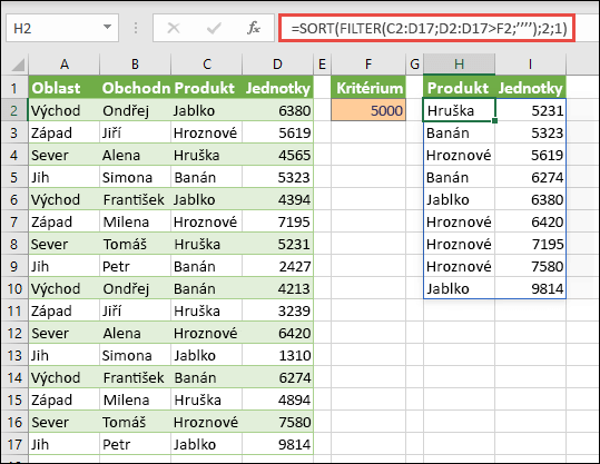 Společným použitím funkcí SORT a FILTER seřaďte oblast ve vzestupném pořadí a omezte ji na hodnoty vyšší než 5000.