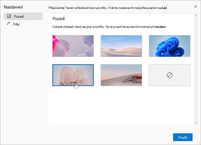 Snímek obrazovky výběru pozadí; k dispozici je několik barev a abstraktních pozadí