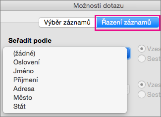 Po kliknutí na Řazení záznamů se položky hromadné korespondence seřadí.