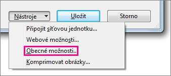 Obecné možnosti v nabídce Nástroje