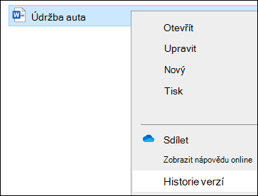 Průzkumník souborů nabídku včetně možnosti Historie verzí.