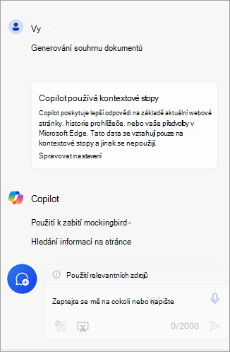 První oznámení o použití historie procházení pro kontext s Copilotem v Microsoft Edgi.