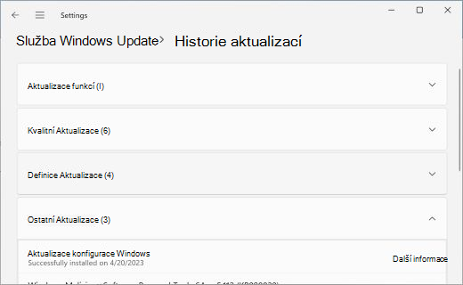 Zobrazuje stránku Historie aktualizací s rozbalenou částí Další Aktualizace.