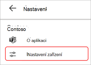 Snímek obrazovky s uživatelským rozhraním nastavení zařízení zvýrazněným v panel Teams