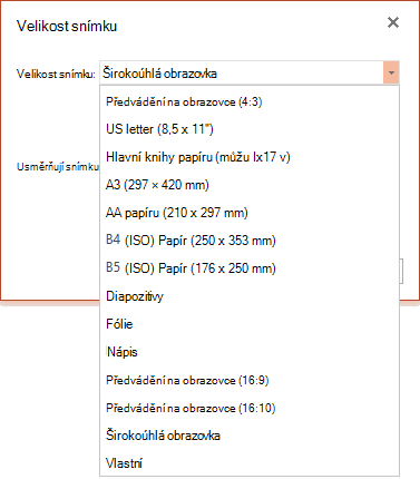 Možnosti velikosti snímku v PowerPointu Online