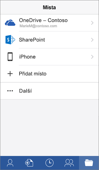 Snímek obrazovky Místa v mobilní aplikaci Word