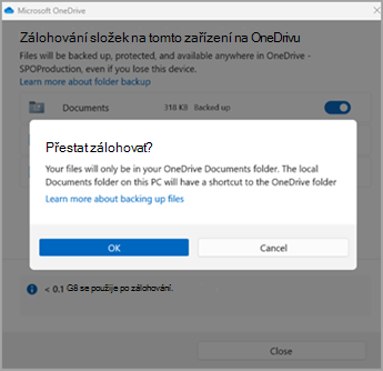 Zálohování složky OneDrive zastavit zálohování