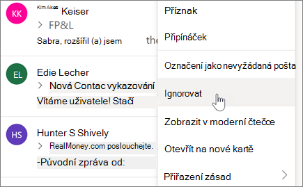 Ignorování e-mailové konverzace v Outlooku na webu